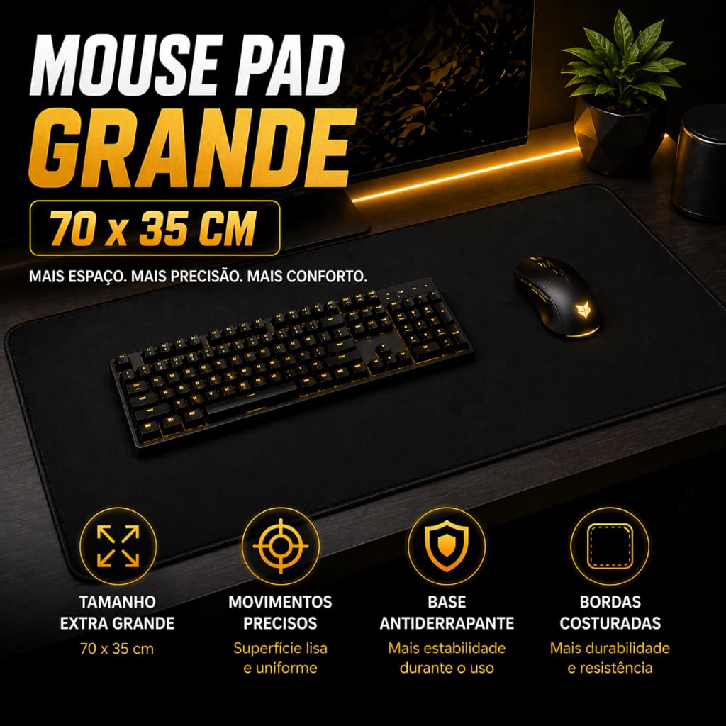 Mousepad Gamer Jogos Preto Extra Grande Antiderrapante Borda Costurada Escritório 70x35cm Mouse Pad