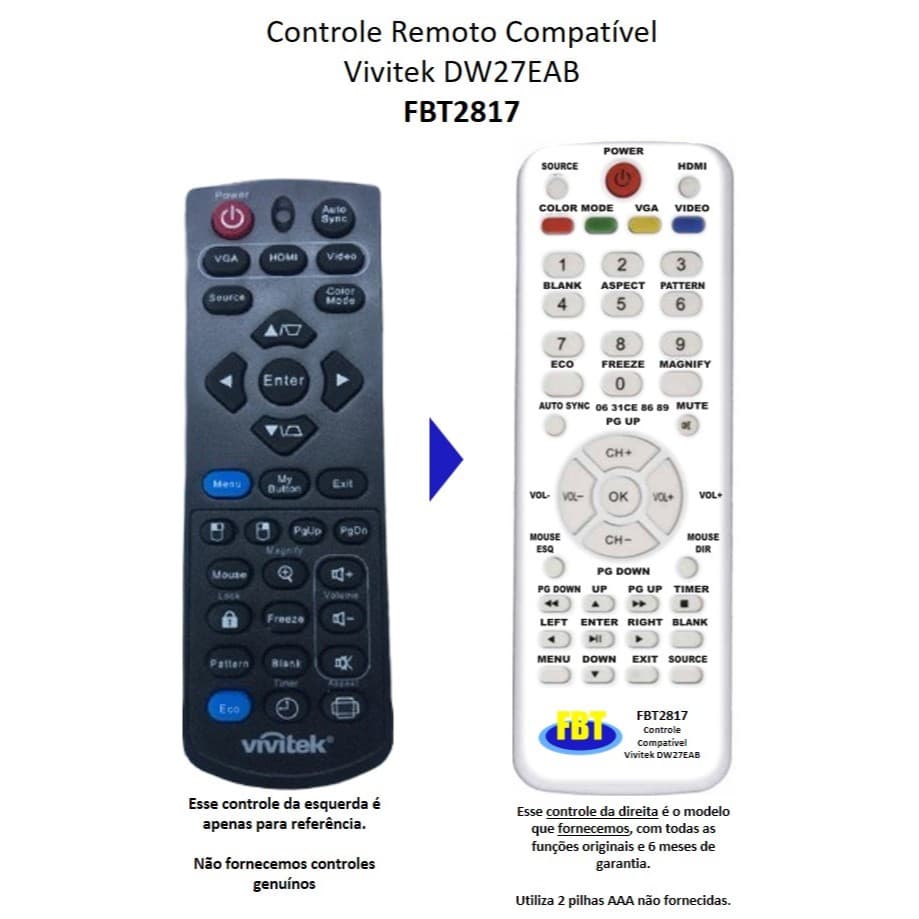 Controle Compatível Com Projetor VIVITEK DW27EAB FBT2817