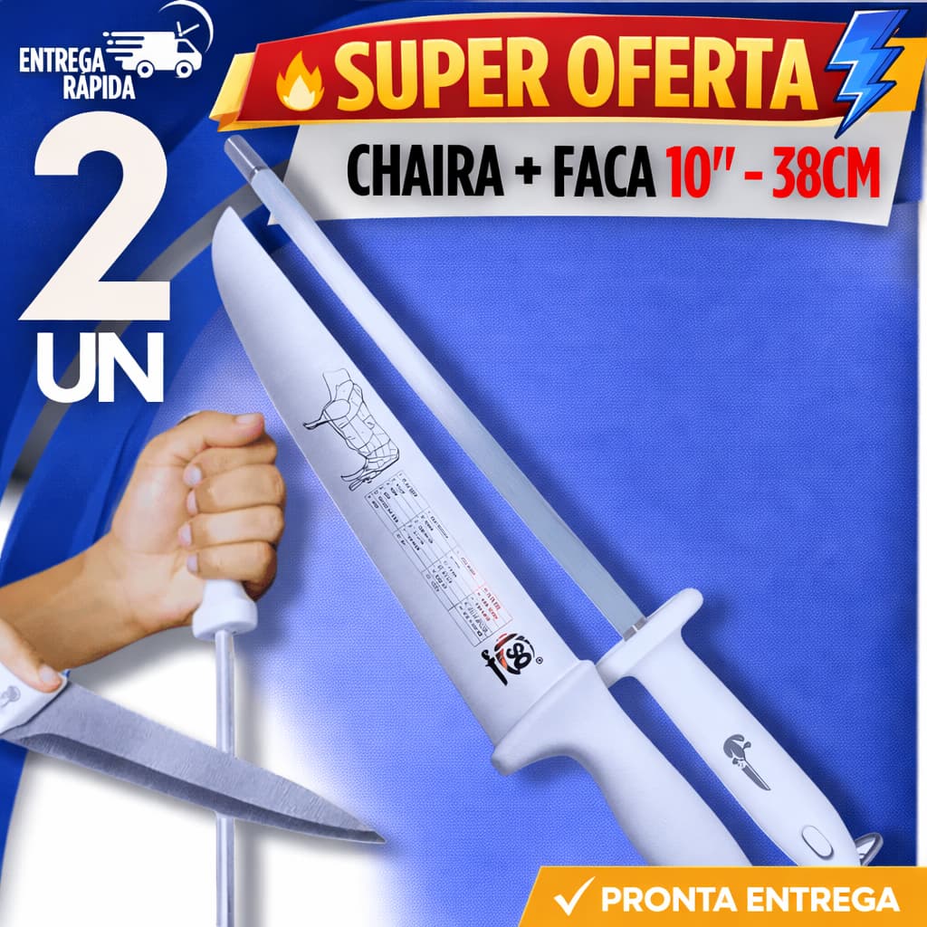 COMBO FACA PROFISSIONAL 10" + CHAIRA 10" AFIADOR AMOLADOR AÇOUGUE COZINHA INOX PREMIUM MULTIUSO CORTE PRECISO PREMIUM
