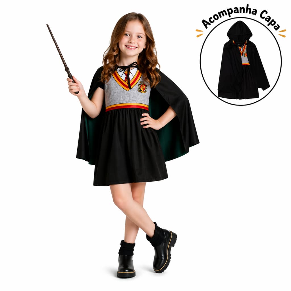 Fantasia Harry Potter Menina Vestido com Capa Hermione