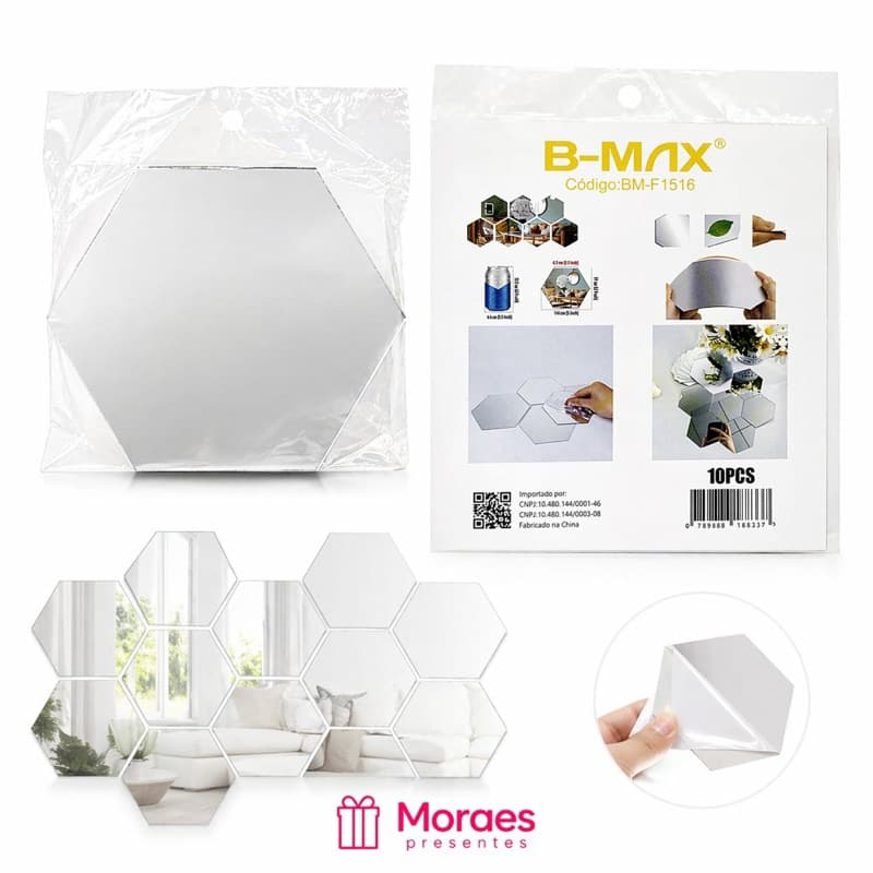 Kit espelho hexagonal adesivo com 10 peças. Decora, amplia o ambiente e é fácil de aplicar.