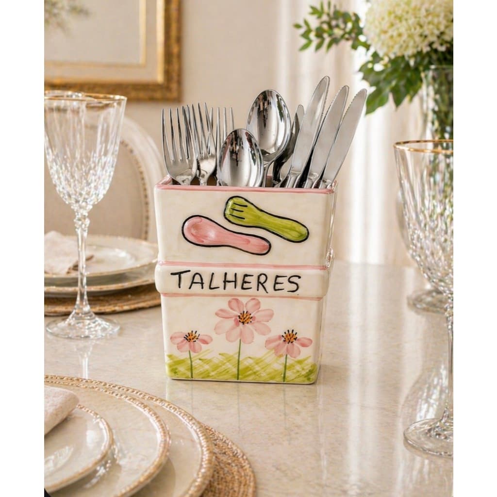 Porta Talheres em Cerâmica Decorado Utensílios de Cozinha Organizador