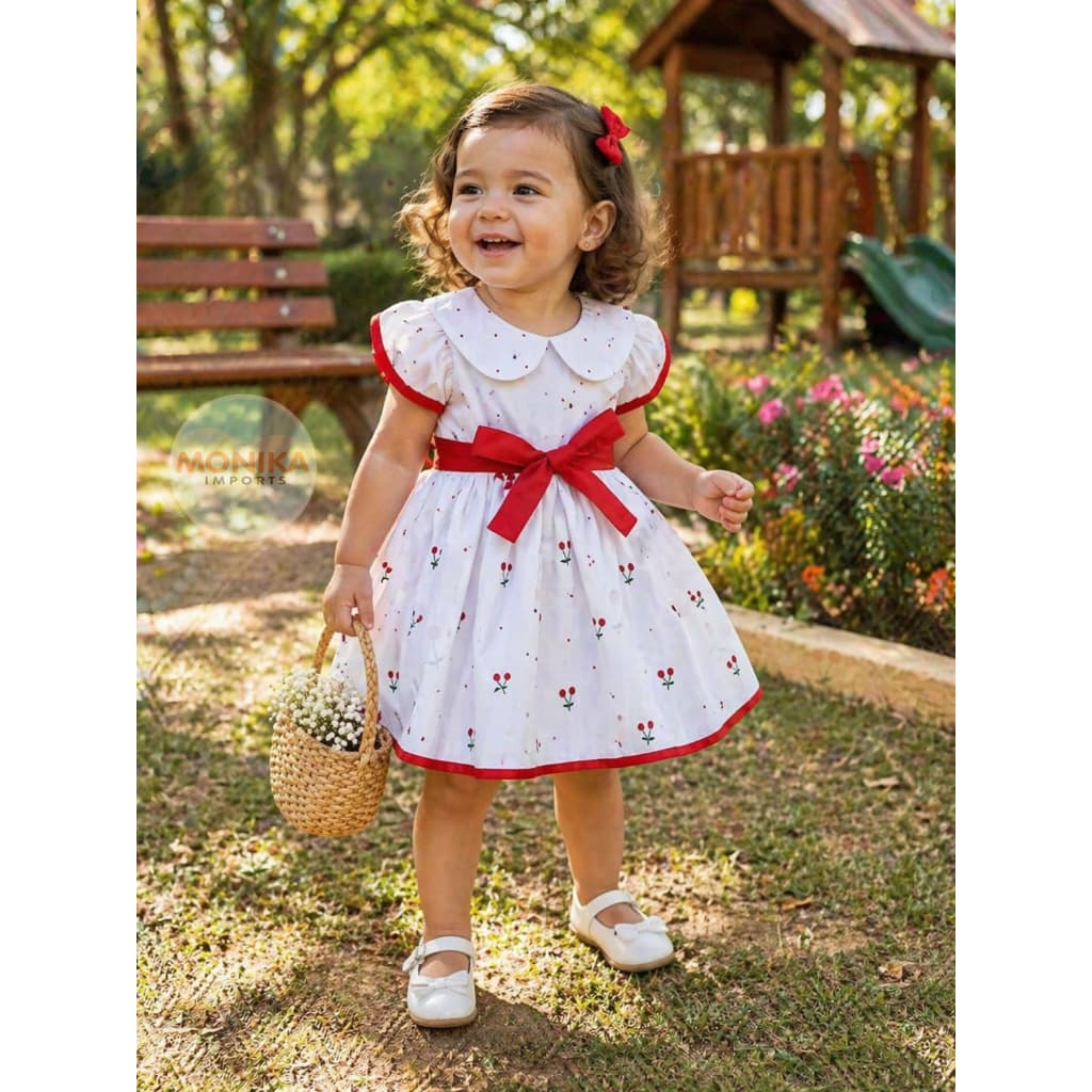 Vestido Cerejinha Bebê Menina com Gola Boneca |Vestido Infantil Princesa Fofo para Festa, Natal e Passeio