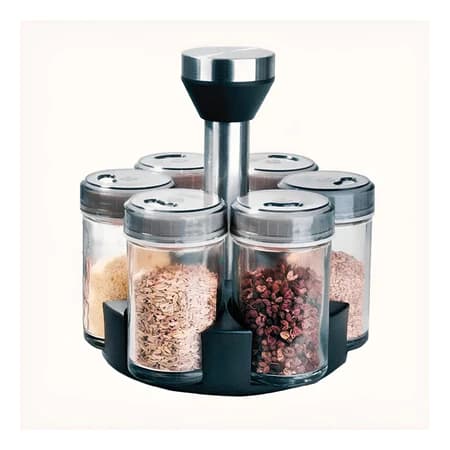 Porta Tempero de mesa saleiro condimentos giratória 360 6 potes de vidro e aço inox