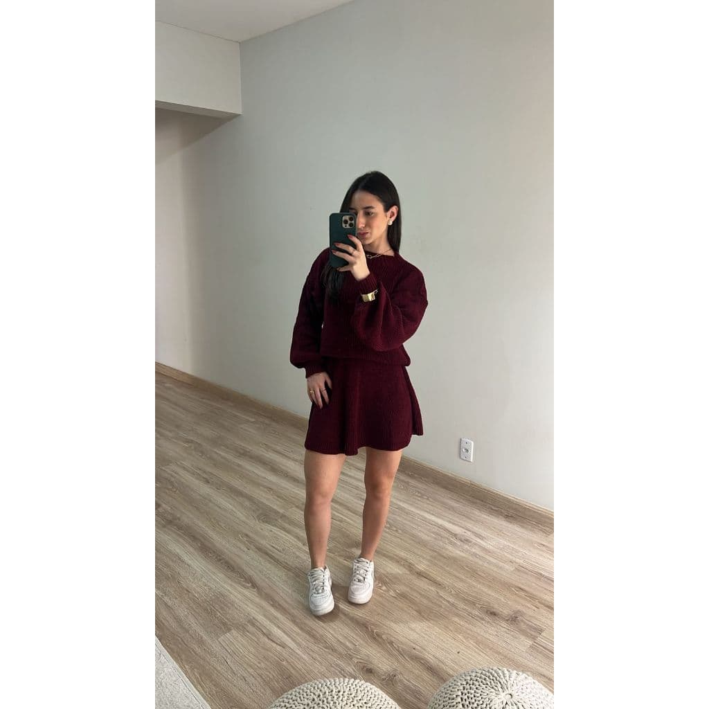 Conjunto Feminino Saia Godê Curta e Blusa Manga Longa Bufante Tendência Moda Blogueira Tricot