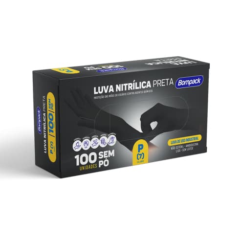 Luva Nitrílica Preta Bompack Original P,M,G Uso Profissional Alta Resistência 100 Und Sem Pó