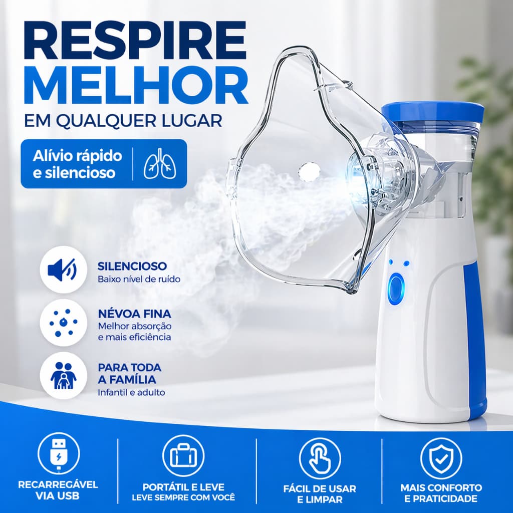 Nebulizador Portátil Mesh Silencioso USB Inalador Infantil Adulto com Máscaras