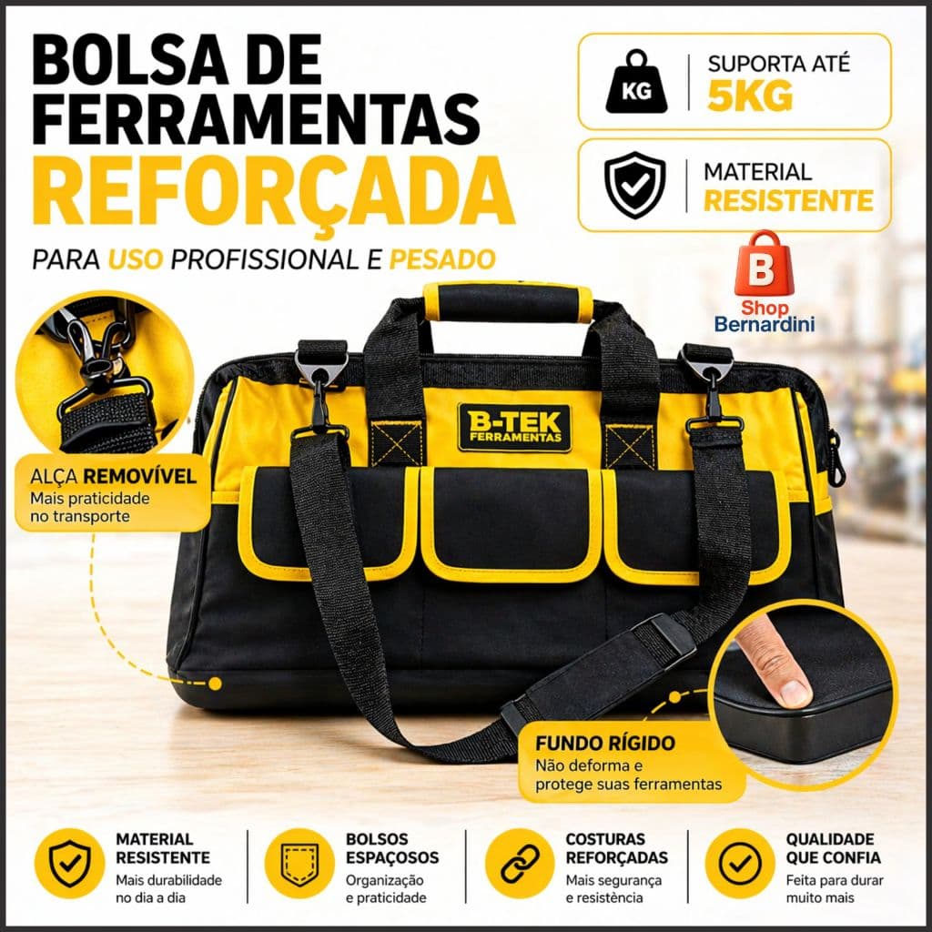 Bolsa de Ferramentas Reforçada Profissional 16 Bolsos Base Rígida Não Deforma Eletricista