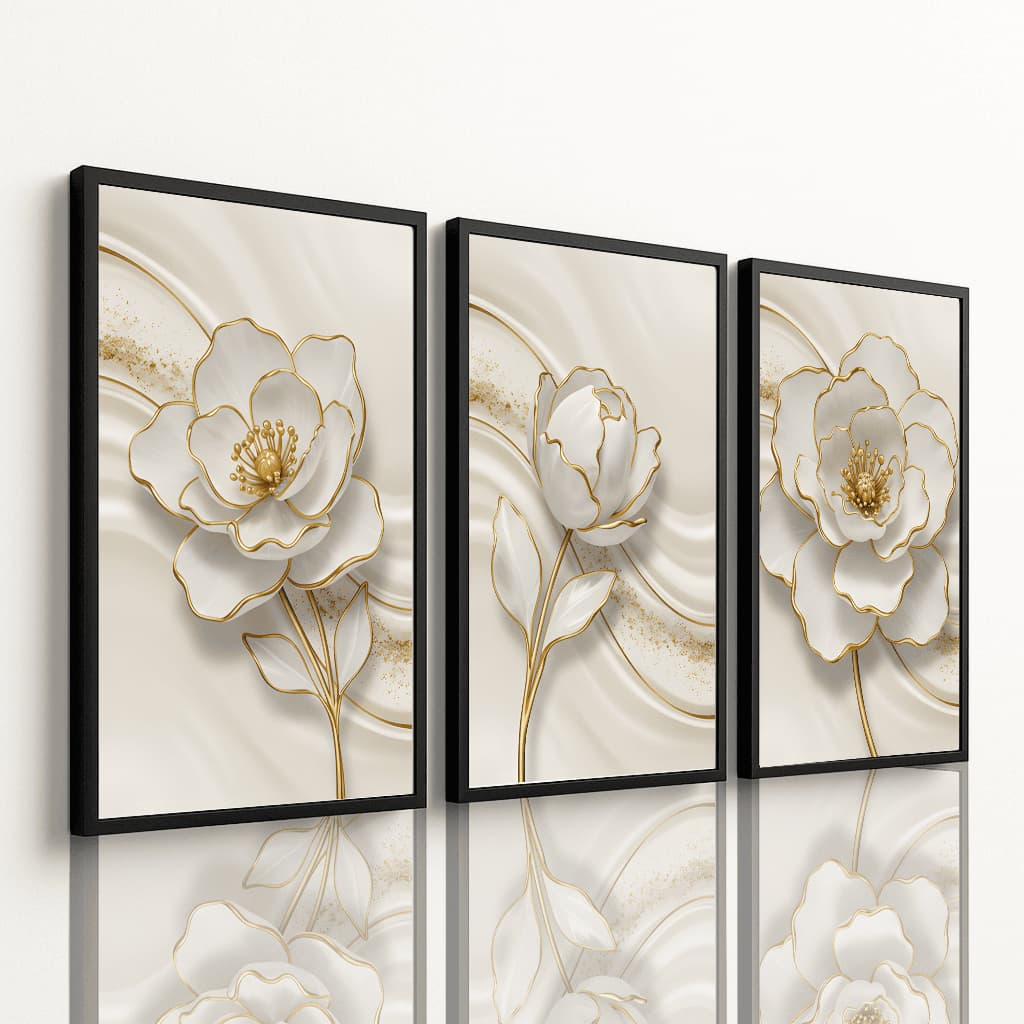 Quadro Decorativo 3 Peças Flores Brancas Fundo Bege Minimalista Elegante