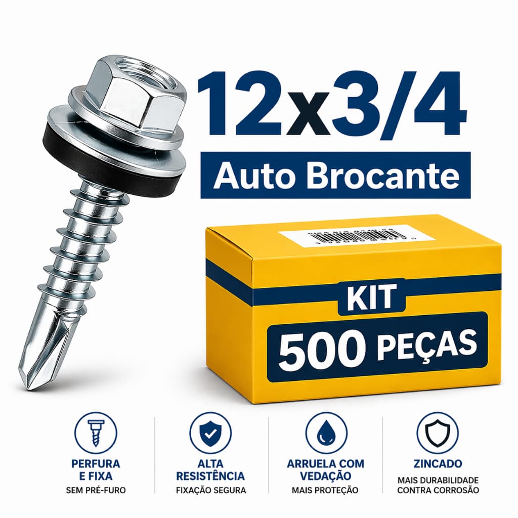 Parafuso para Telha Auto Brocante 12x3/4 Kit 500 Peças Sextavado Zincado Vedação