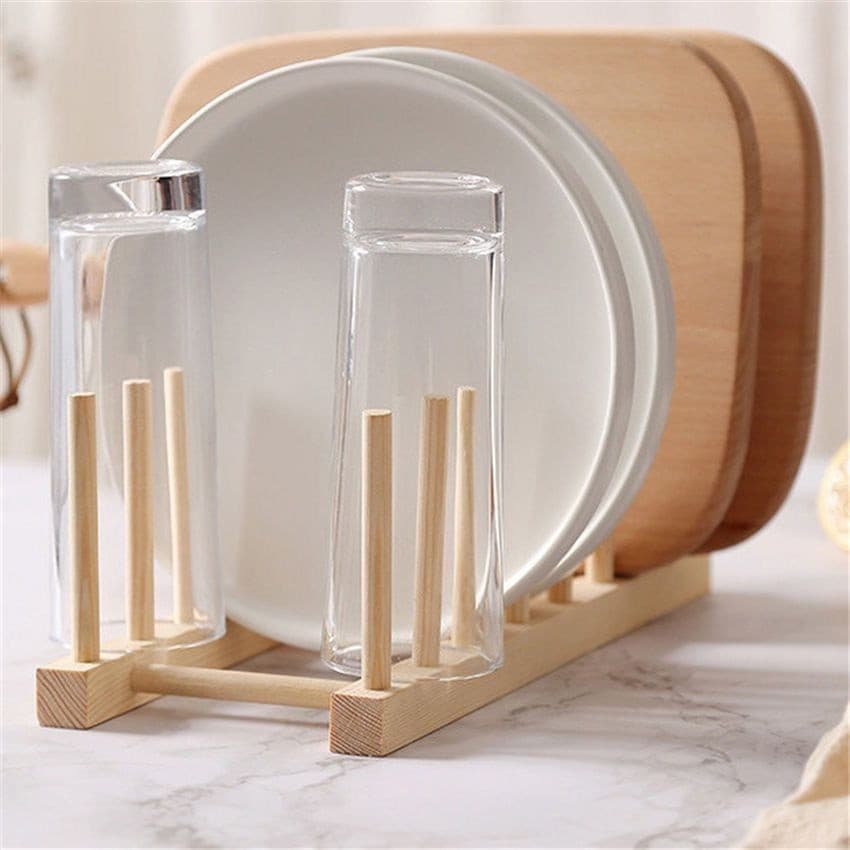 Escorredor Porta Pratos de Bambu Suporte Bancada 4 Divisórias Organizador Cozinha 21x13cm