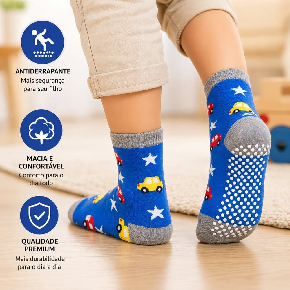 Kit 3, 6 ou 12 Pares Meia Antiderrapante Infantil Menino 0 a 8 Ano Cano Médio Não Derrapa Conforto Segurança