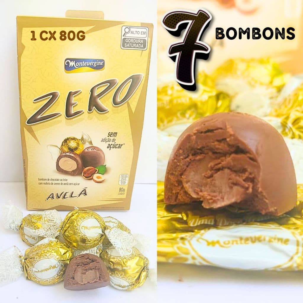 Bombom Zero açucar Chocolate ao leite Recheio Creme de Avelã 1 Cx de 80g com 7 Bombons Montevérgine