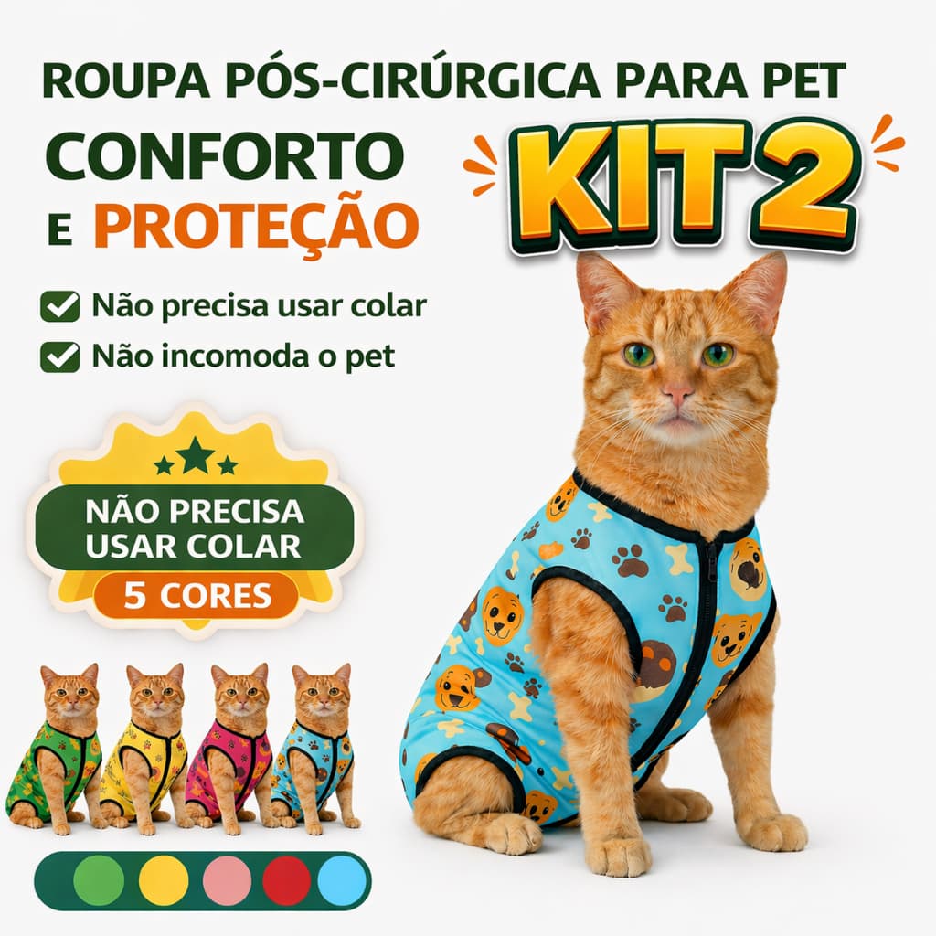 Kit 2 Body Pet Unissex  Anti Lambedura Conforto Proteção Castração 5 Cores Roupa Pós Cirúrgica Gato