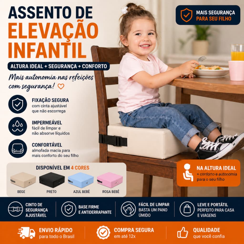 Assento de Elevação Infantil Impermeável com Cinto | Almofada para Cadeira Bebê Ajustável Seguro Antiderrapante