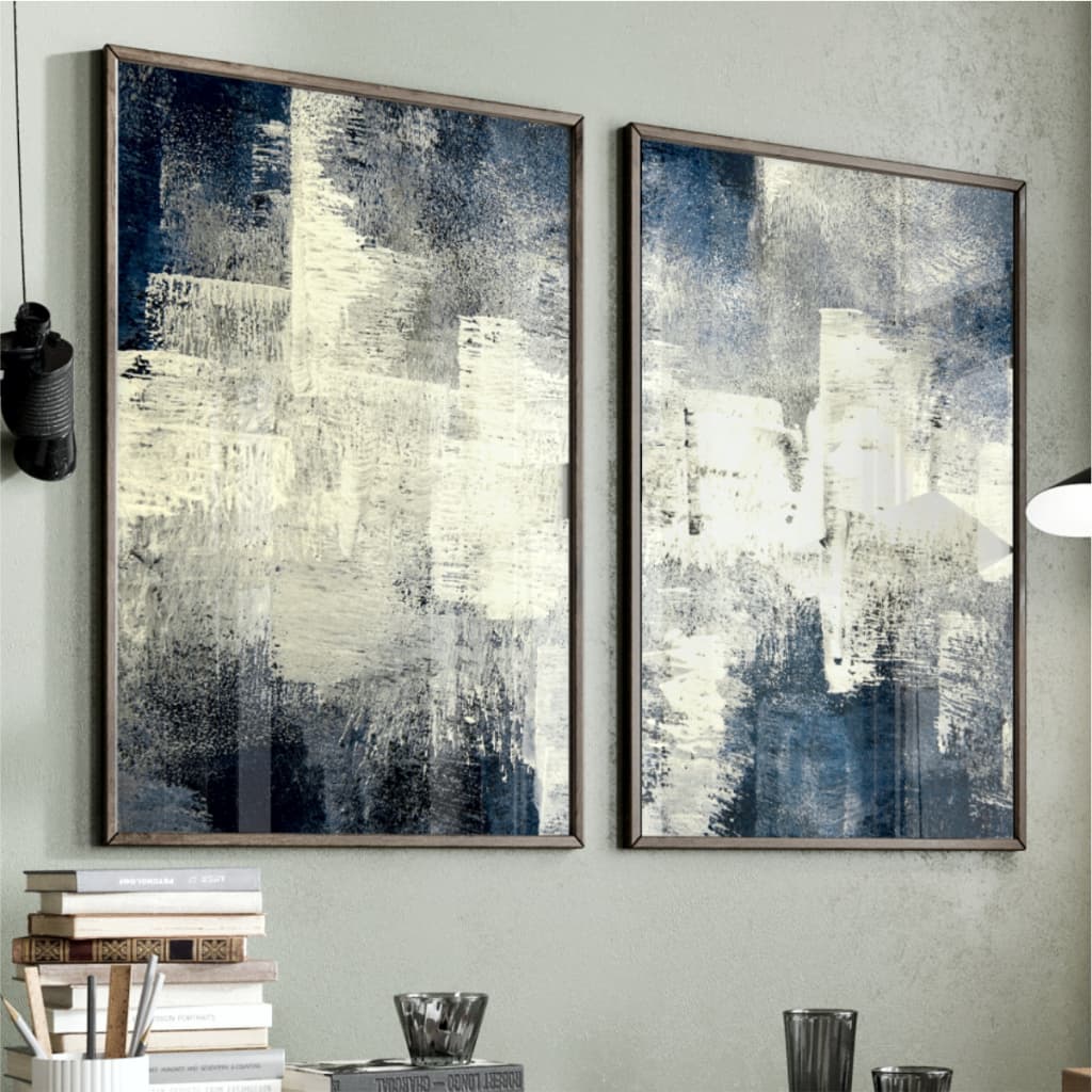 Kit 2 Quadros Decorativos com Moldura Sala Quarto Abstrato Moderno Azul Bege Clássico Luxo Vidro