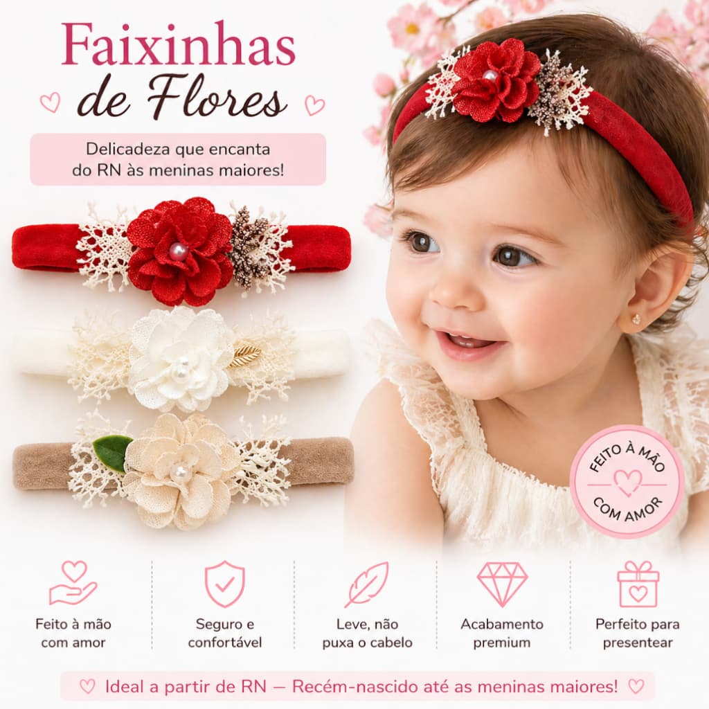 Kit  3 flores Acessórios Bebê Menina | Tiaras com Laços RN Newborn | Faixinha de Meia flor bege