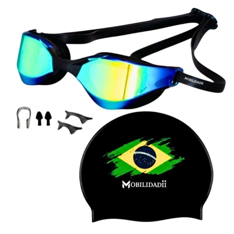 Óculos Natação Profissional Antiembaçante Preto Mobilidadii com Touca silicone Brasil