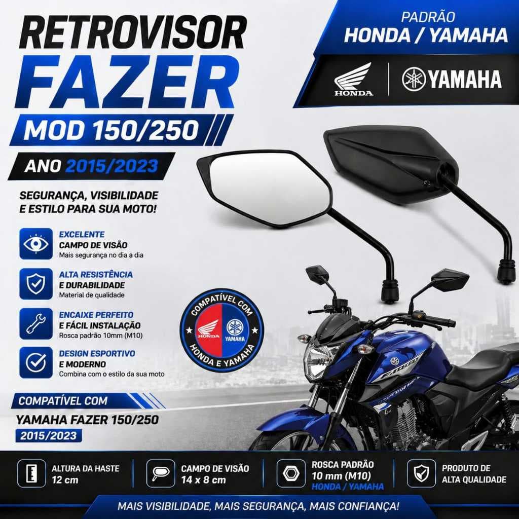 Retrovisor Para Motos Modelo Fazer 2015 Rosca Honda e Yamaha Titan Fazer Bross Cg