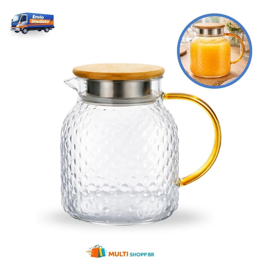 Jarra de Vidro Honey 1 Litro Lehavi com Tampa de Bambu Servir Água Sucos Bebidas Elegante Qualidade