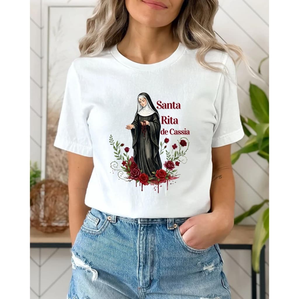 Camiseta Cristã Catolica Adulto Unissex e Infantil Santa Rita de Cassia em Malha 100% Algudão Premium - Lançamento