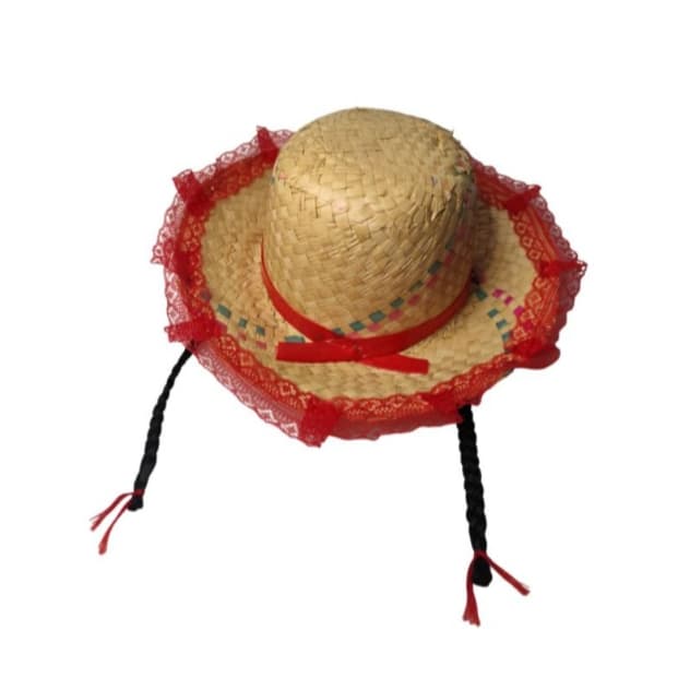 Chapéu De Palha Capira Com Trança Preto/Castanho/Loiro Menina Infantil Rendado Festa Junina Arraía