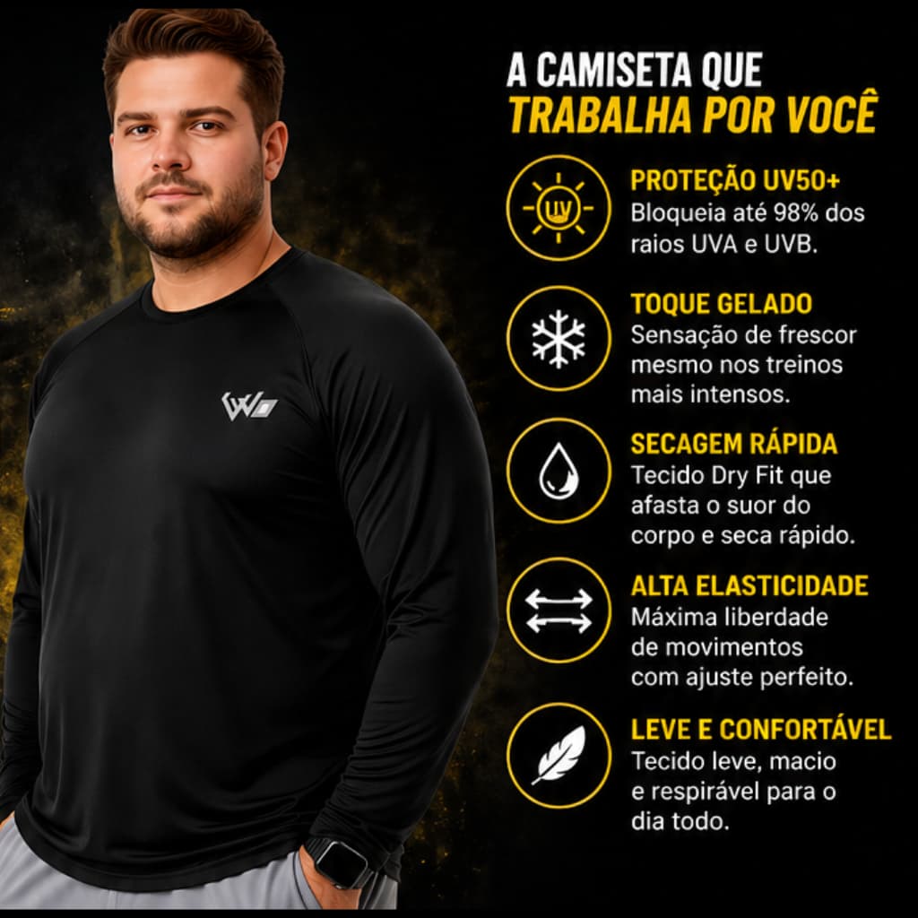 Camisa térmica WWO Fitness segunda pele com proteção uv