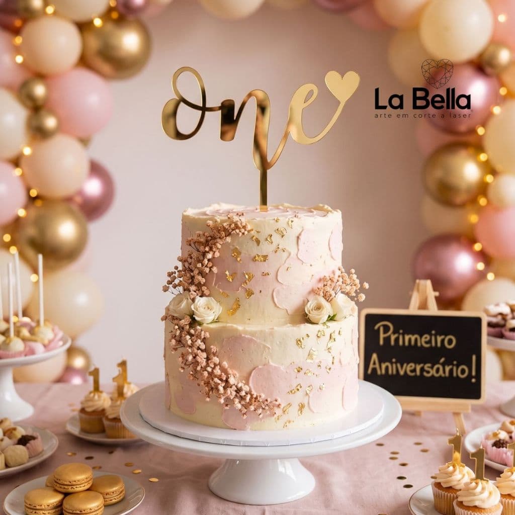 Topo de Bolo One Dourado Espelhado Acrílico – Decoração Luxo para Primeiro Aniversário