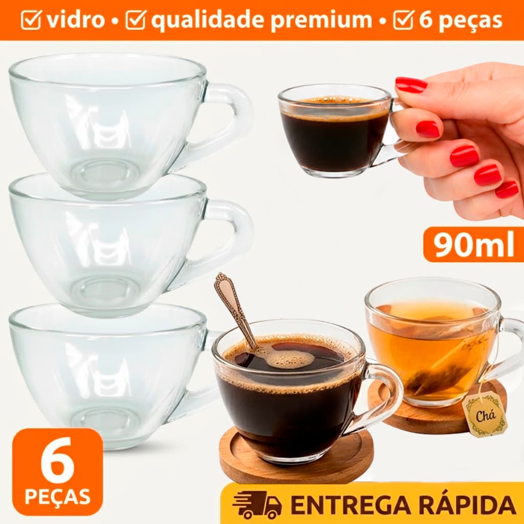 Kit Jogo 6 Xicaras De Vidro Transparente Chá Café Com Alça 90ml Modelo Pera Resistente
