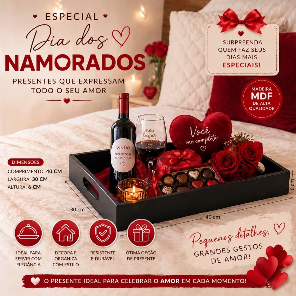 Bandeja Dia Dos Namorados Preta MDF Presente Decoração Surpresa Cesta Café Manhã Casal Amor Premium