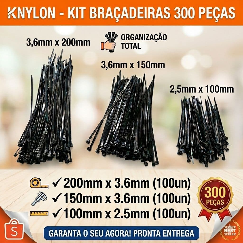 Kit 300 Abraçadeiras Nylon Preto Enforca Gato Fita Hellerman Lacre 2,5mmx100mm 3,6mmX150mm 3,6x200