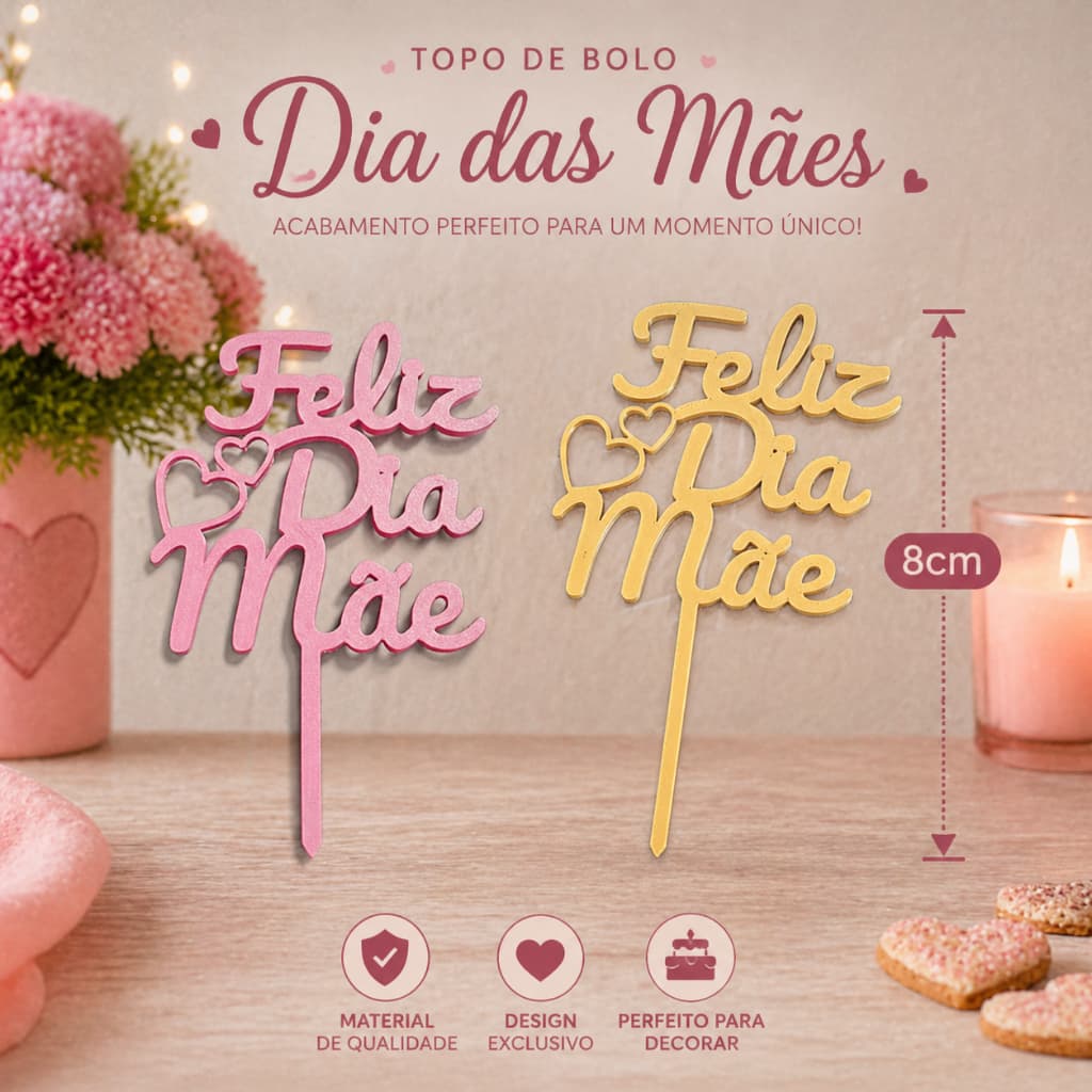 Topo de Bolo Feliz Dia Mae Topper para Dia das Maes Enfeite bolo personalizado