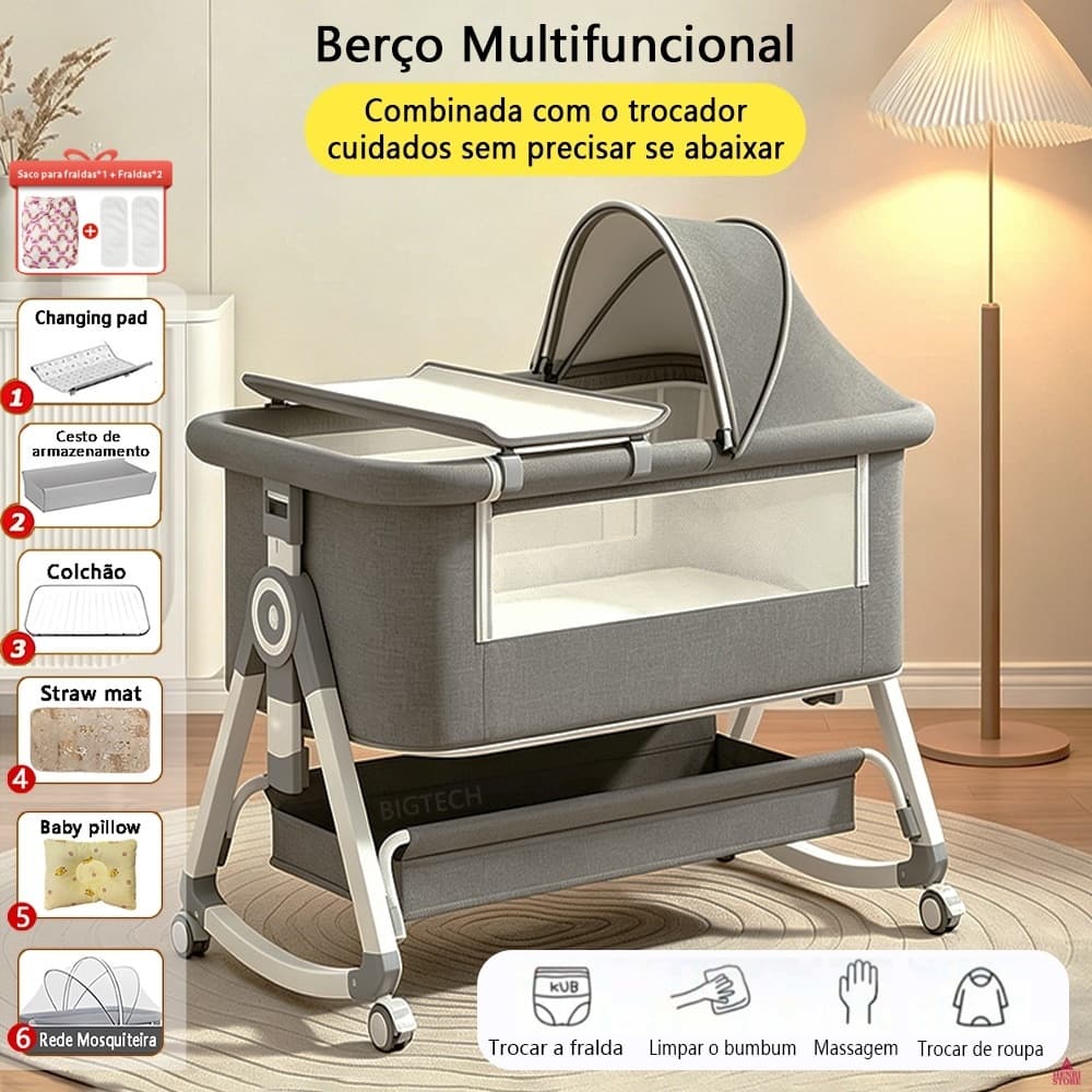 Berço Moisés Portátil Mesa De Troca Integrada 6 Níveis De Altura Anti-Refluxo 0-3 Anos