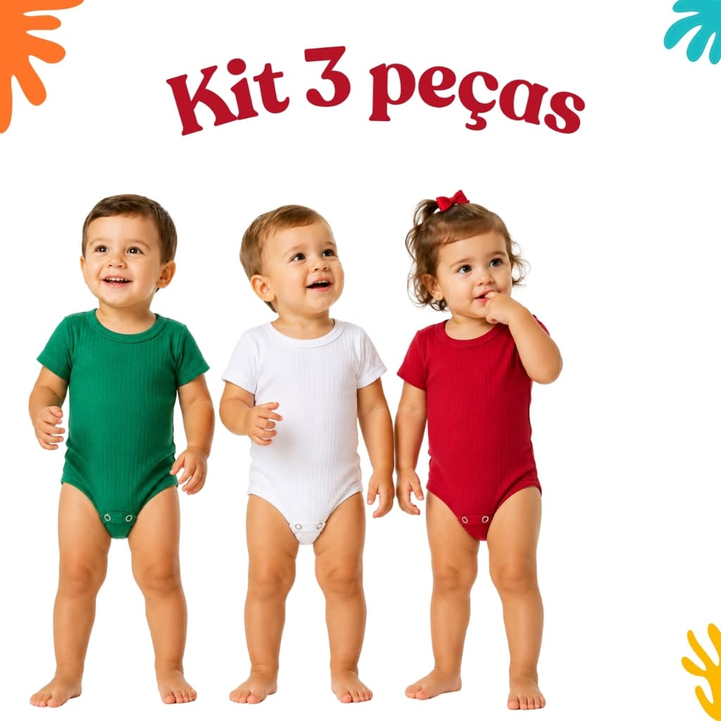 Kit 3 Peças Body Bebê Manga Curta Ribana Canelada Liso Unissex Menino Menina Enxoval Verão