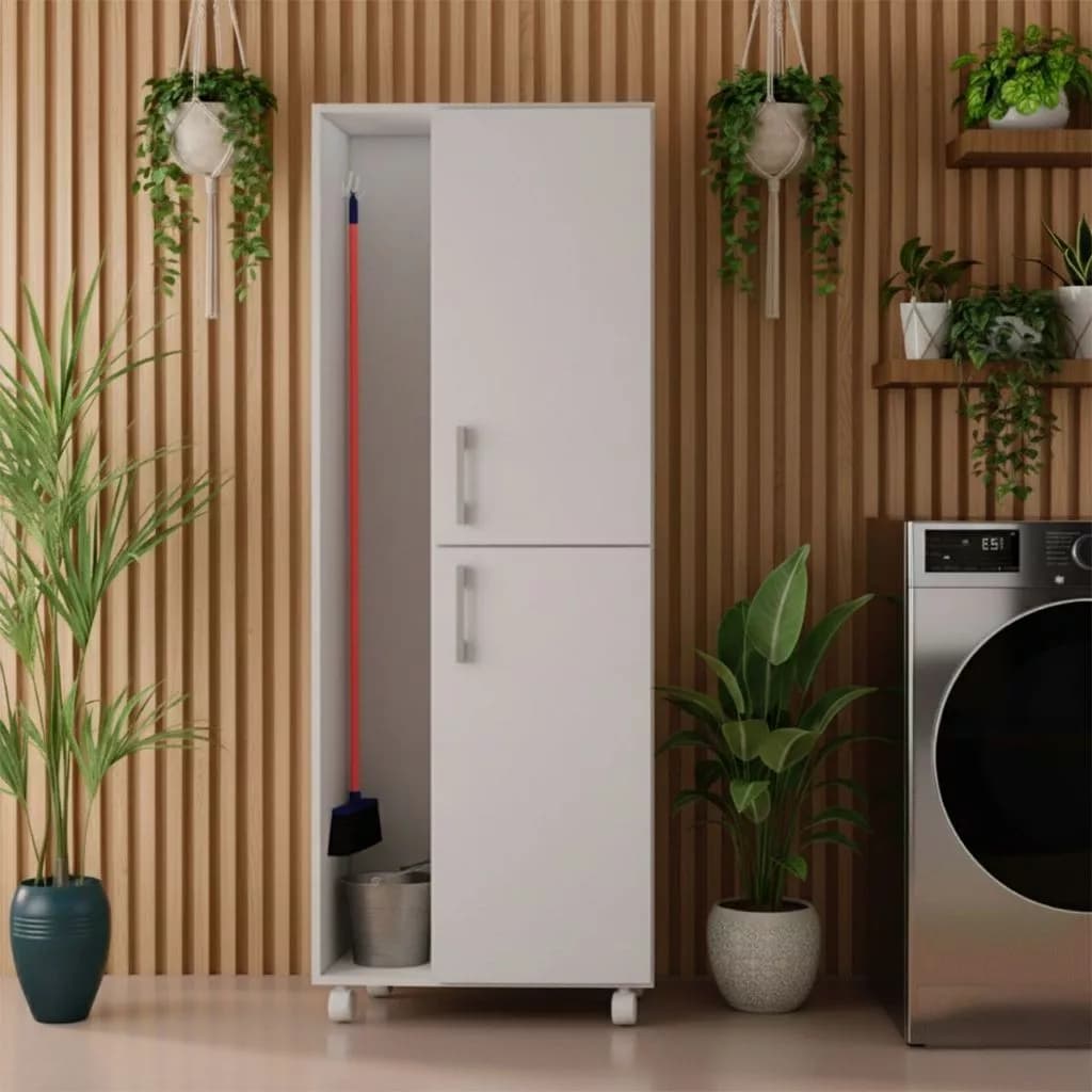 Armário com 2 Portas, Rodinhas, Prateleiras e Suporte para Vassouras – Multiuso para Lavanderia
