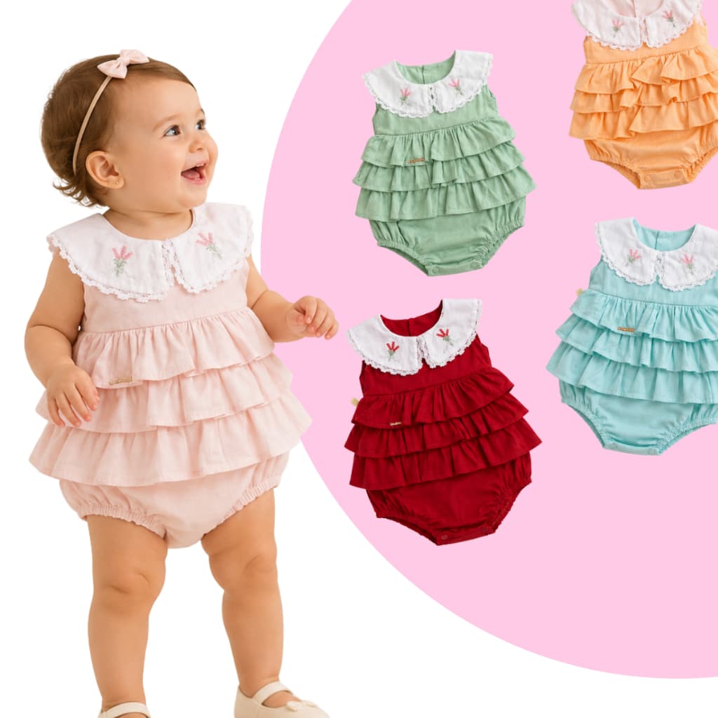 Body infantil para bebe bordado com gola e babados confortavel e charmoso bory para menina