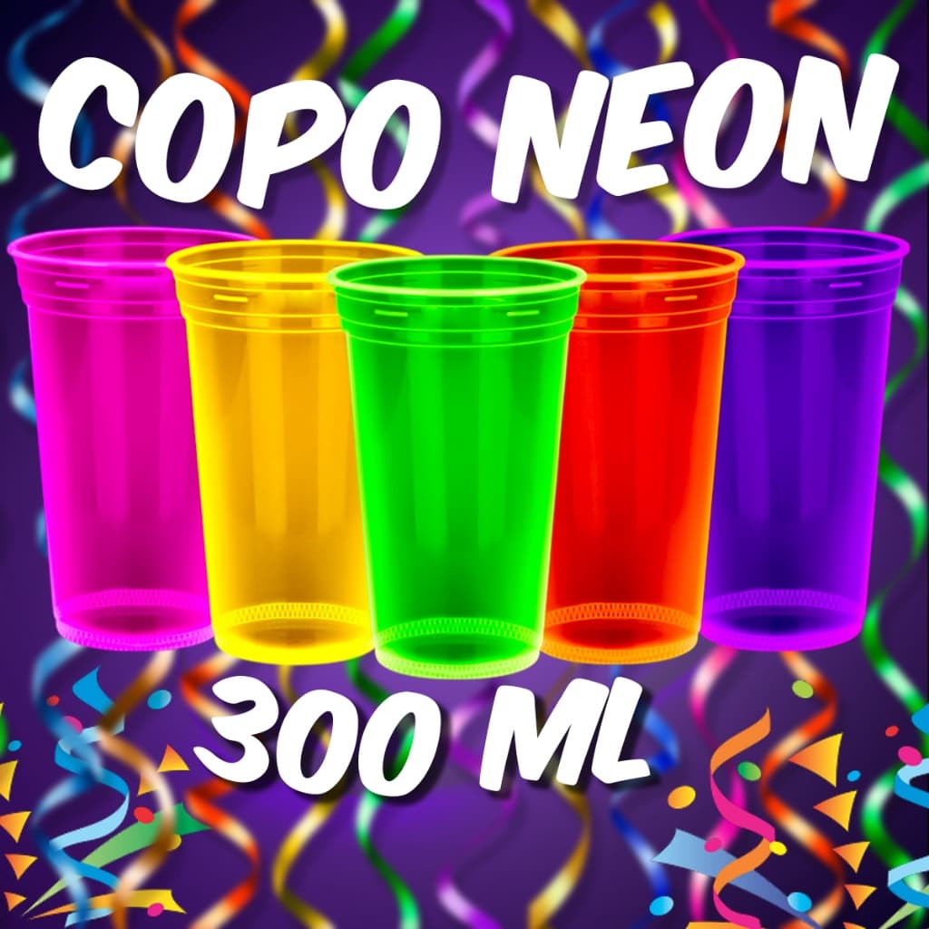 100 Copos 300ml Neon Plástico Descartável Carnaval Festa