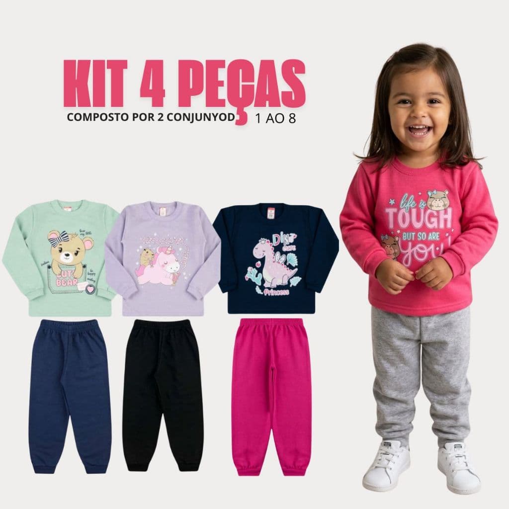 Conjunto Moletom Infantil Kit 4 Peças 2 Casaco 2 Calça 1 ao 8