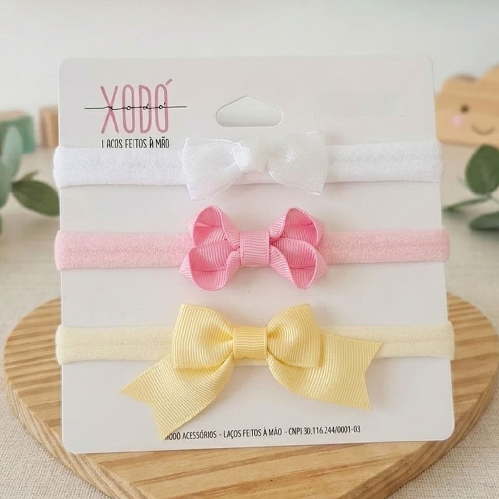 Kit 3 Tiaras meia de seda Faixas de Bebê Menina Branco Rosa Amarelo com Laço em Gorgurão Macio Confortável