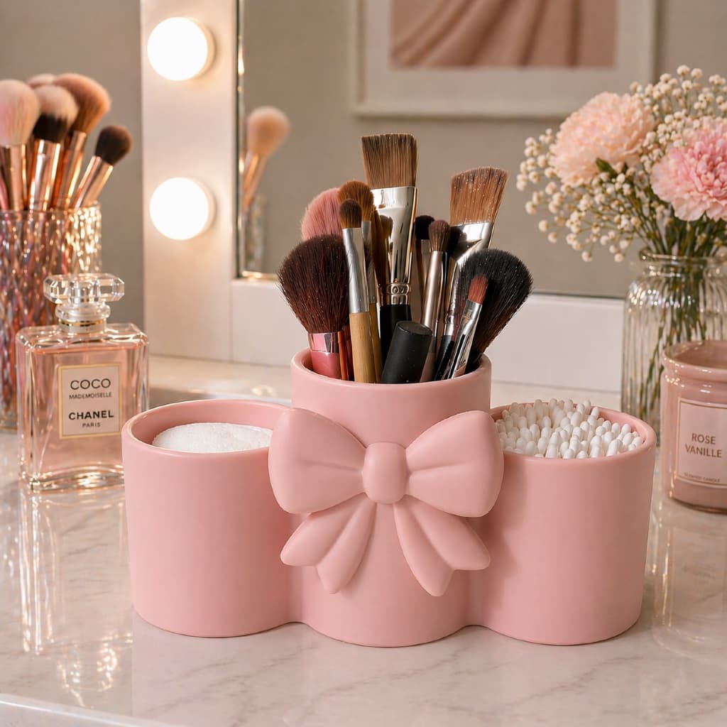 Organizador de Maquiagem Dia das Mães Porta Pincéis Rosa com Laço Decorativo Multiuso Presente Criativo Elegante