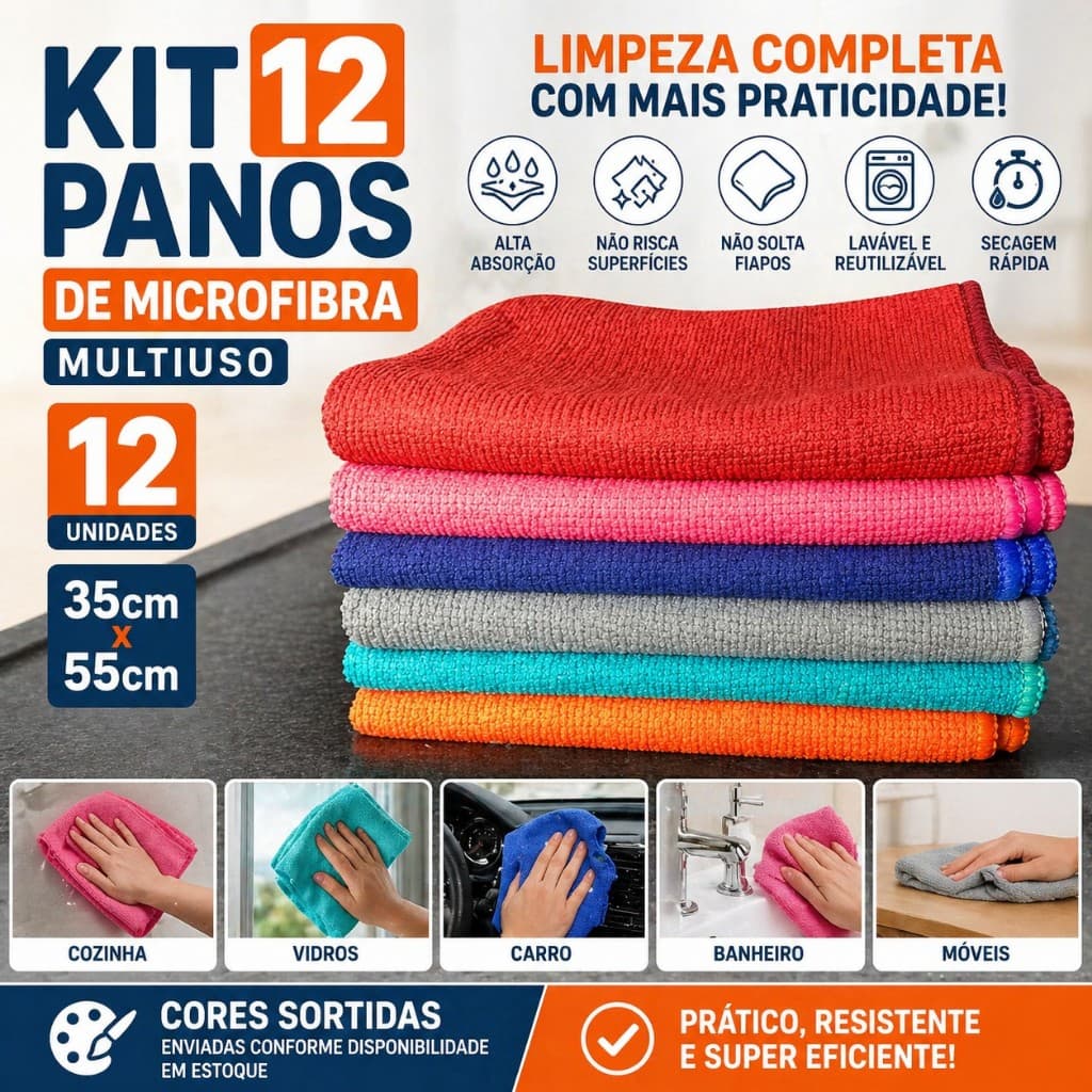 Kit 12 Panos de Microfibra 35x55cm p/ Limpeza, Cores Sortidas