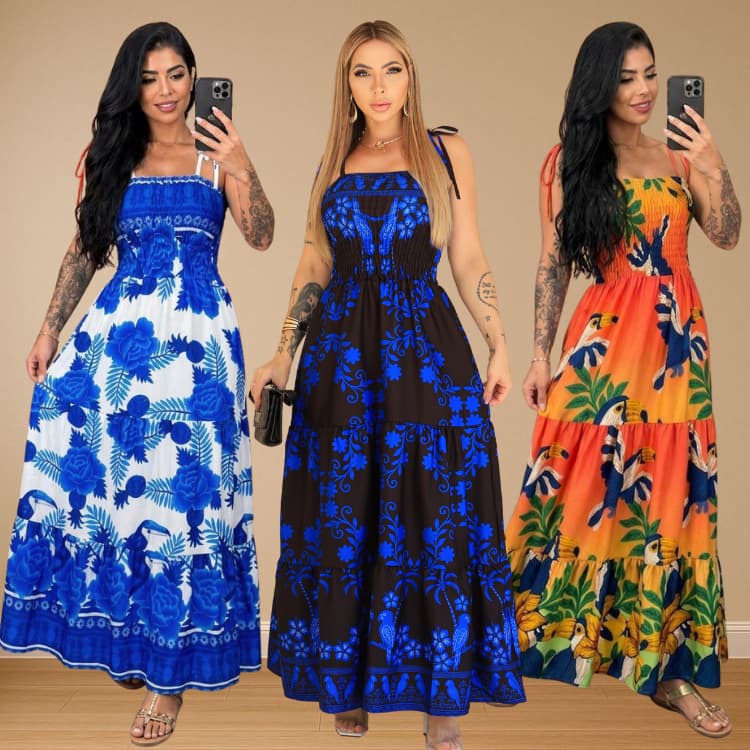 Vestido tropical longo alça feminino floral tomara que caia estampado chic elegante entrega imediato