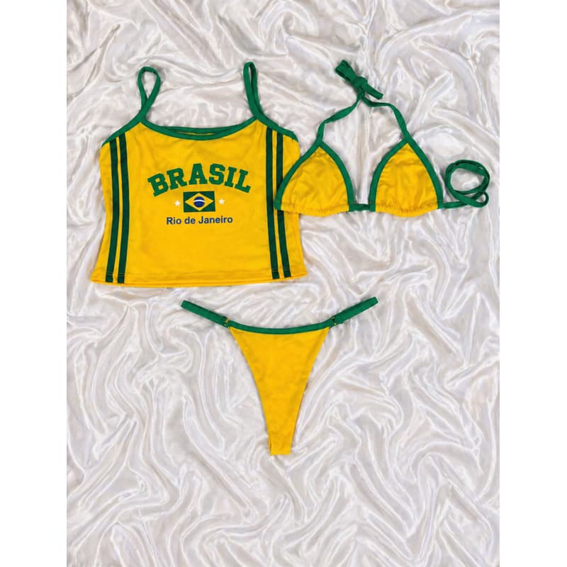Biquíni Brasil Cortininha Forrado + Croped Virginia Ajustável Para Marquinha de fita Conjunto 3 peças Copa do Mundo 🇧🇷