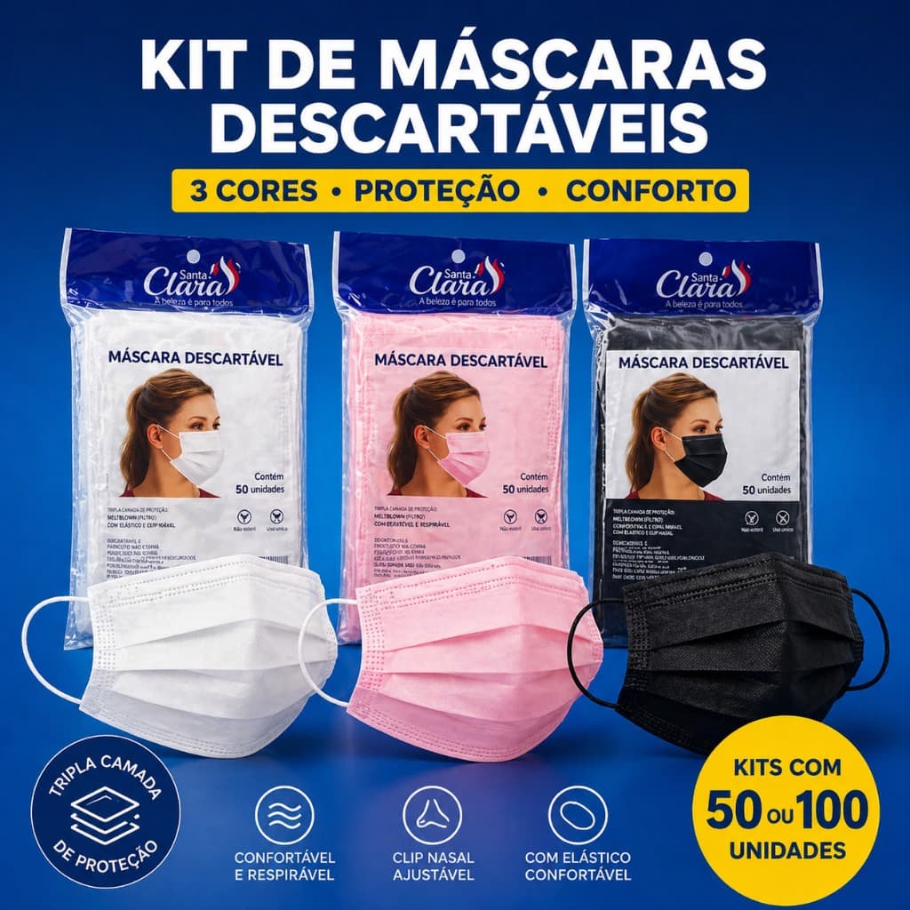 Máscaras Descartáveis Santa Clara Dupla Camada – Pacote com 50/100 Unidades BRANCA/PRETA/ROSA