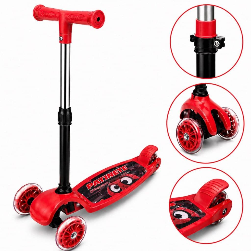 Patinete Infantil Vermelho 3 Rodas Ajustável Com Luzes Menino Brinquedo