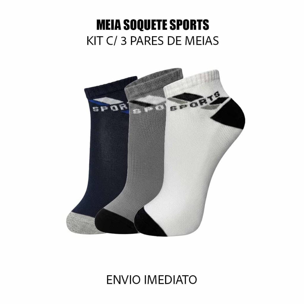 Kit 3 pares de meias soquetes modelo Sports originais