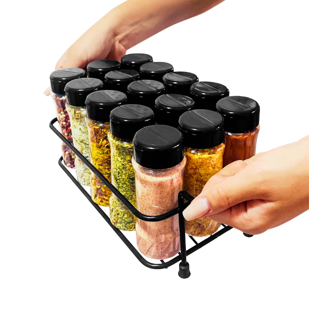1 Porta Tempero Ferro para Bancada Cozinha com 15 Potes 130ml Tampa Dupla com Etiquetas