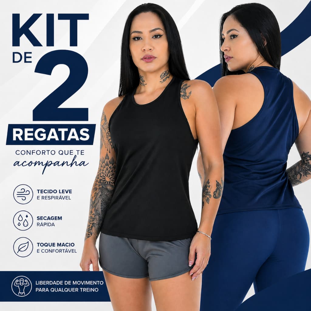 KIT 2 Regata Feminina Dry Fitness Premium para Treino e Academia Camiseta Cavada