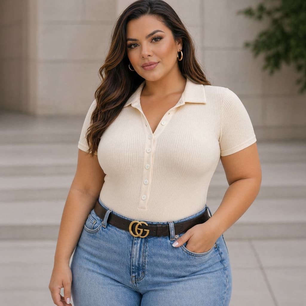 Body Plus Size Polo Com Botão Manga Curta Decotado Body Grande Canelado Confortavel Estiloso