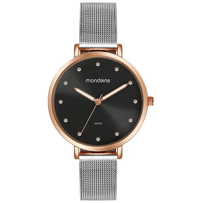 Relógio Mondaine Feminino Cristais Malha de Aço Prata com Rosé